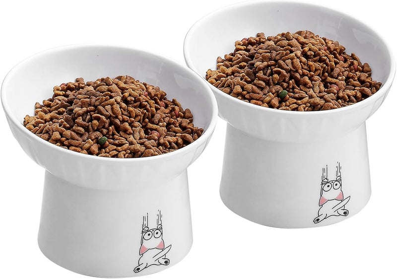 OMAYKEY 6.5 Inch Extra Wide Ceramic Raised Cat Bowls, Porcelain Tilted Elevated Cat Food Water Bowl Dish, Stress Free Pet Feeder Bowls Dishes for Elder Big Cats & Small Dogs, White - 2 Pack - Image 1